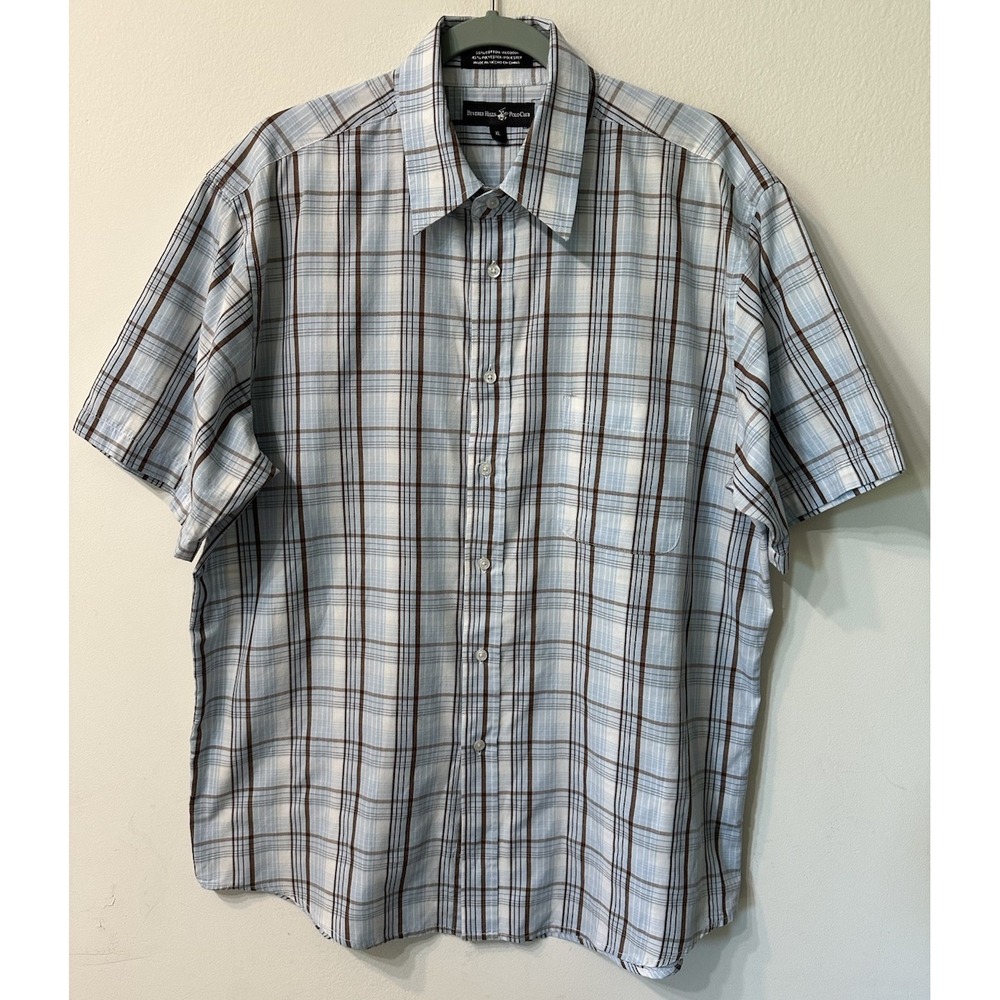 Beverly Hills Polo Club Mens Shirt XL Blue Brown Plaid Short Sleeve Button Up